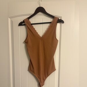 Lace Detail Ribbed Bodysuit - Brown